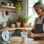 Femme mesurant 125g de farine dans une cuisine lumineuse