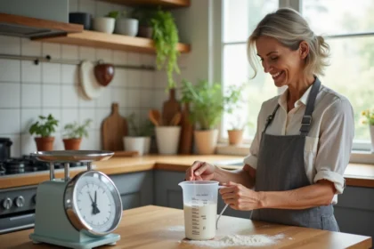 Femme mesurant 125g de farine dans une cuisine lumineuse