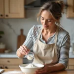 Femme versant 125g de farine mesurés en centilitres dans un bol en céramique dans une cuisine familiale