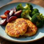 Assiette de cotelets milanais dorés avec patates douces violettes