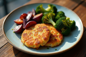 Assiette de cotelets milanais dorés avec patates douces violettes