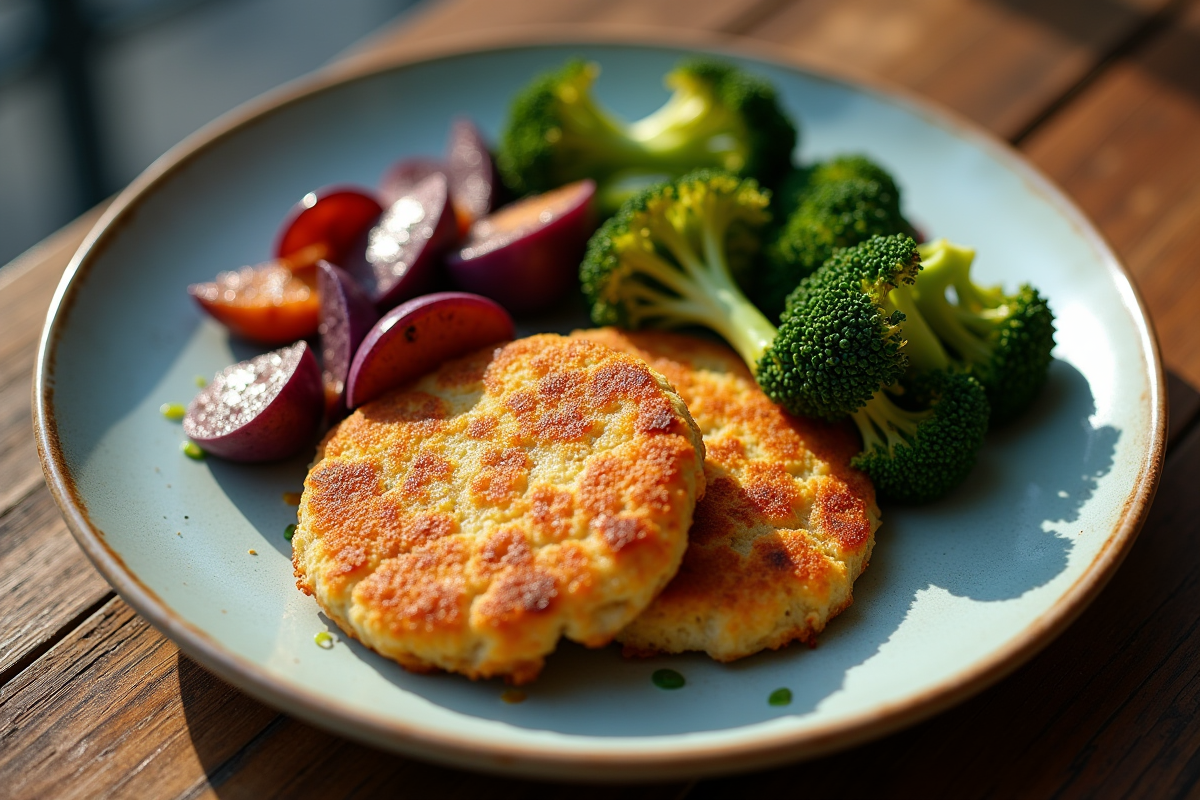 Assiette de cotelets milanais dorés avec patates douces violettes