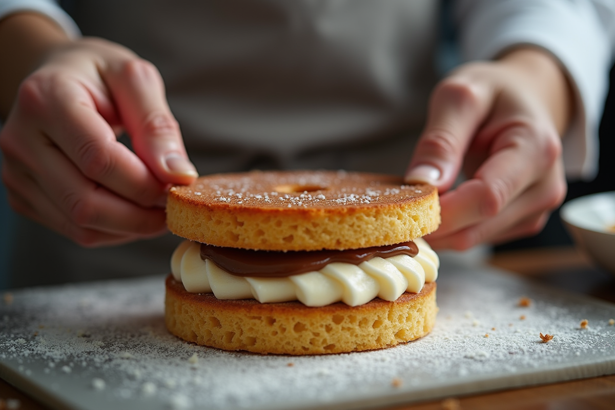 Chef assemble opera gateau avec ses mains en gros plan