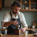 Homme d'âge moyen moulant du café dans une cuisine chaleureuse