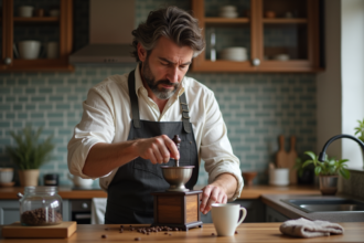 Homme d'âge moyen moulant du café dans une cuisine chaleureuse