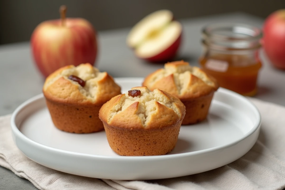 Muffins individuels à la compote de pomme sans sucre ajouté, présentés sur une assiette blanche avec une pomme fraîche et un pot de compote maison