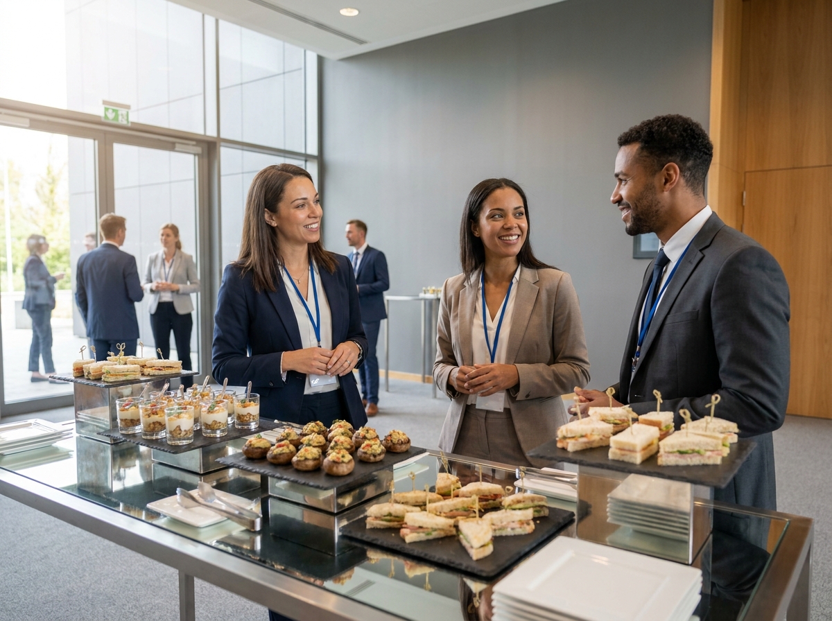Professionnels se servant lors d'un buffet gourmand dans un espace de networking en entreprise