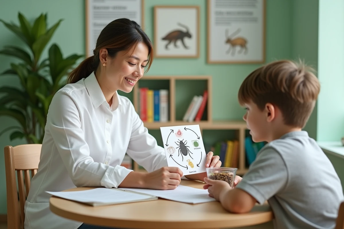 Une nutritionniste pédiatrique présente les insectes comestibles à un enfant lors d'une consultation éducative