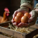 Main de fermier tenant des œufs frais bruns au-dessus d'un cageot en bois dans un poulailler rustique