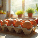 Oeufs dans un carton sur un comptoir lumineux de cuisine
