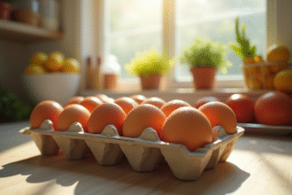 Oeufs dans un carton sur un comptoir lumineux de cuisine
