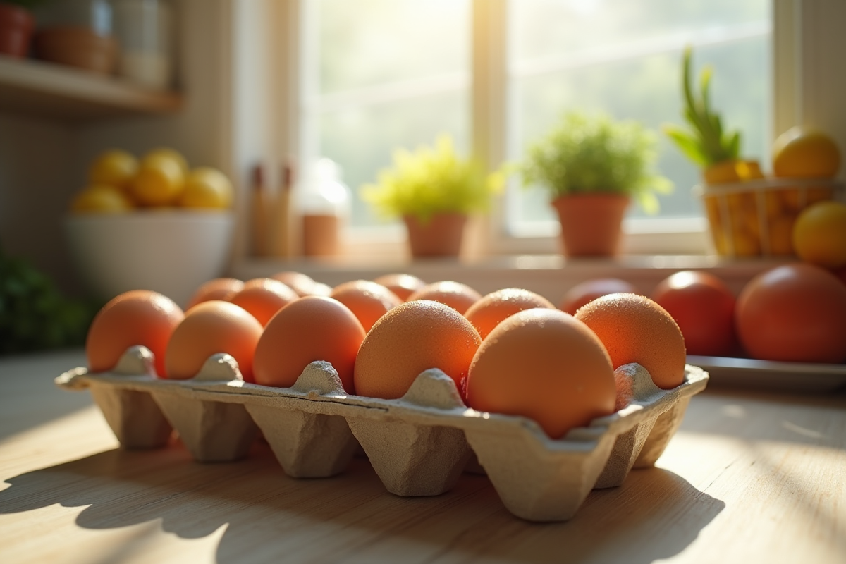 Oeufs dans un carton sur un comptoir lumineux de cuisine