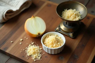 Balance de cuisine avec oignon frais coupé et oignon séché émincé dans un bol en céramique blanche sur table en bois rustique