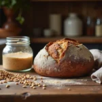 Pain de seigle au levain maison avec un bocal de levain actif et des grains de seigle sur un plan de travail en bois rustique