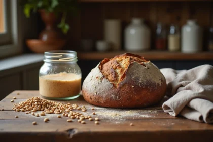 Pain de seigle au levain maison avec un bocal de levain actif et des grains de seigle sur un plan de travail en bois rustique
