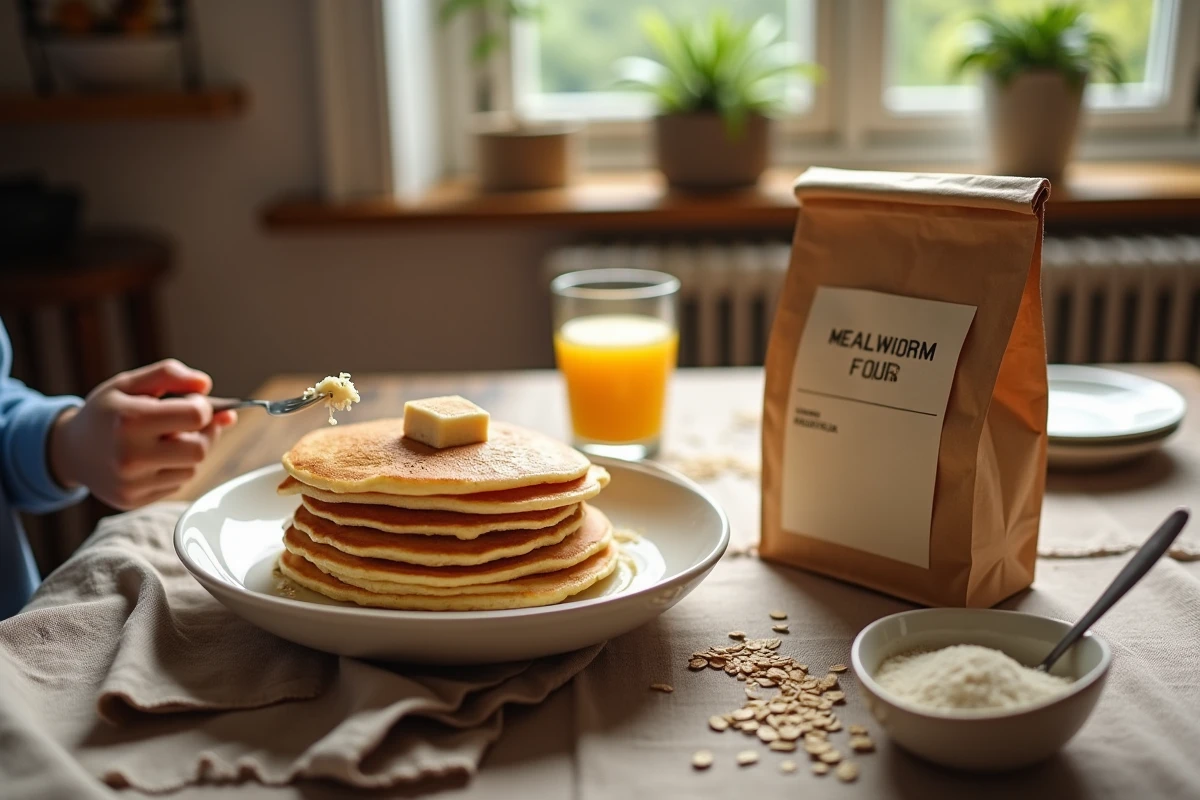Pancakes préparés avec de la farine d'insectes servis lors d'un petit-déjeuner familial avec un enfant