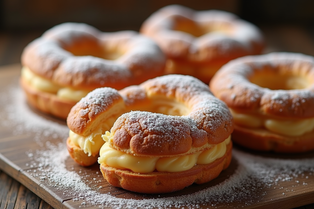 Plusieurs ParisBrest disposés sur une table en bois