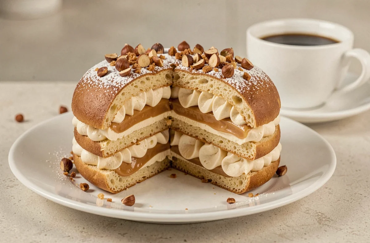 Paris-Brest tranché sur assiette blanche révélant une crème mousseline praliné en rosettes et noisettes caramélisées
