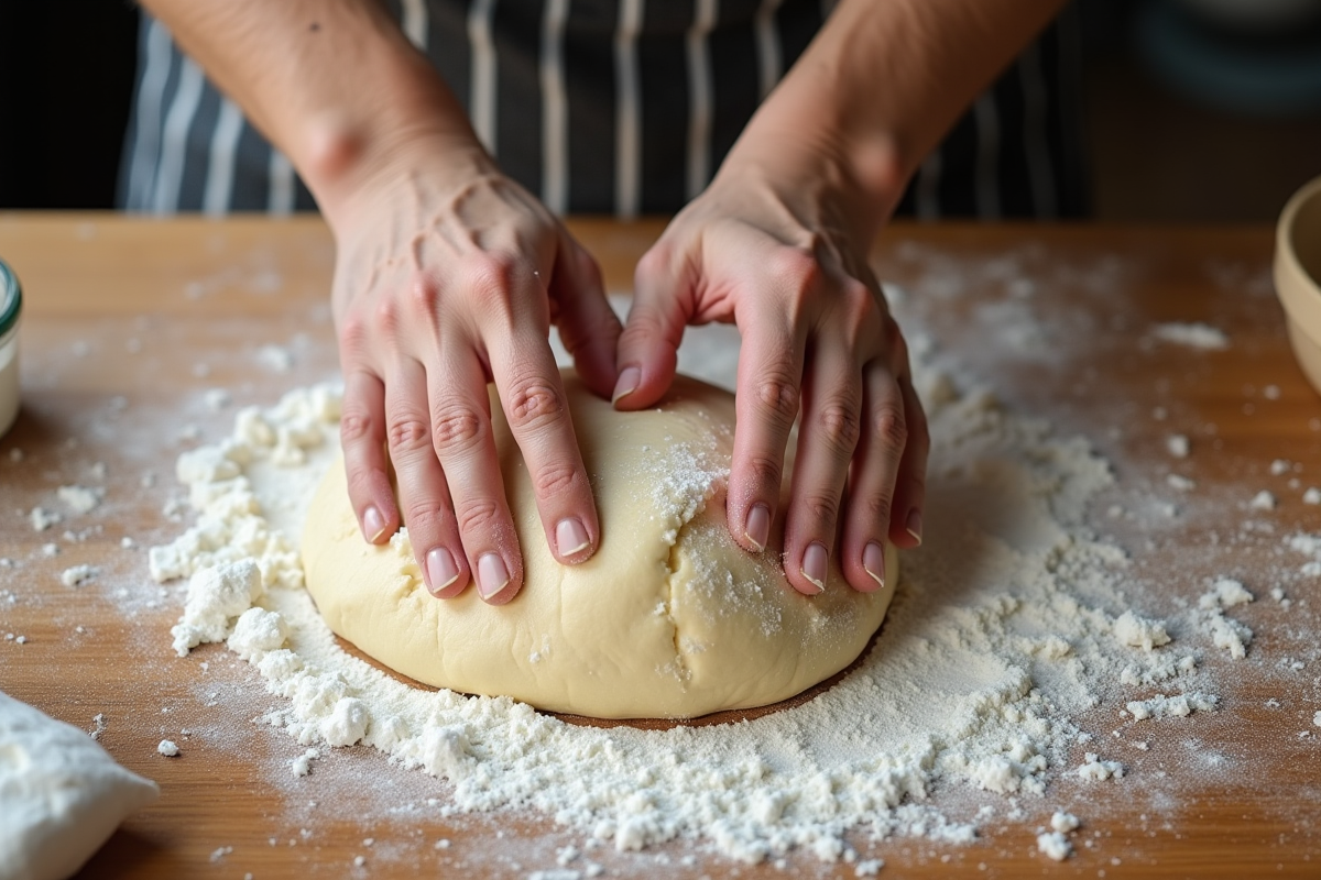 Mains d’un boulanger façonnant la pâte à croissants sur un plan de travail fariné