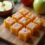 Pâtes de fruit pomme légères en sucre disposées sur une planche en bois rustique avec une pomme verte coupée
