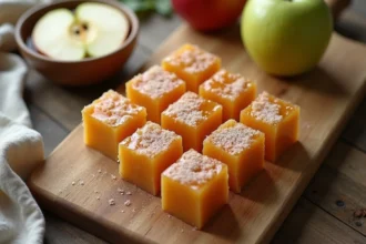 Pâtes de fruit pomme légères en sucre disposées sur une planche en bois rustique avec une pomme verte coupée