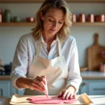 Femme française en tablier préparant des macarons dans une cuisine chaleureuse