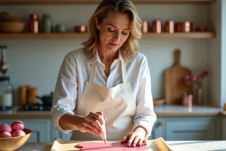 Femme française en tablier préparant des macarons dans une cuisine chaleureuse