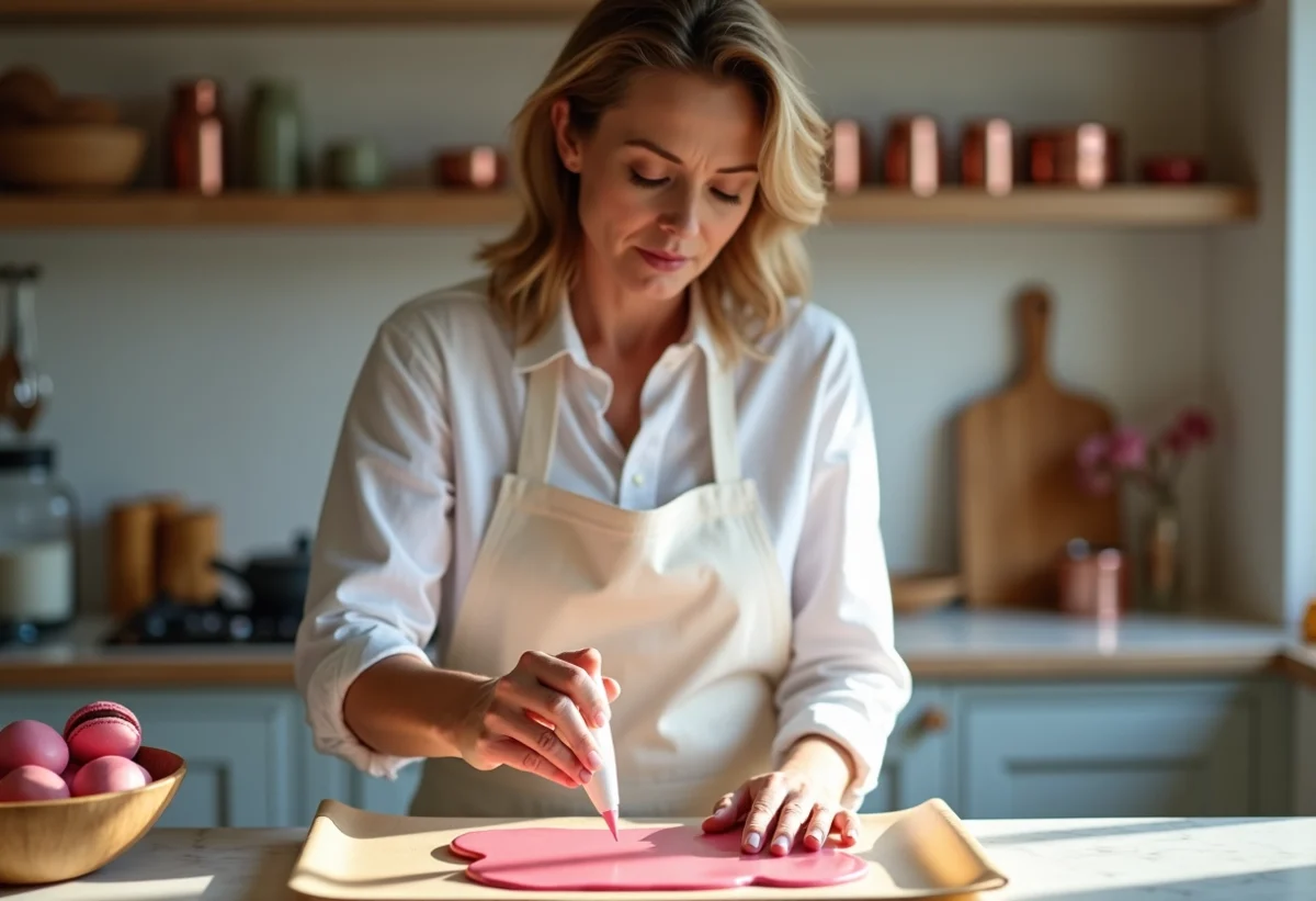 Femme française en tablier préparant des macarons dans une cuisine chaleureuse