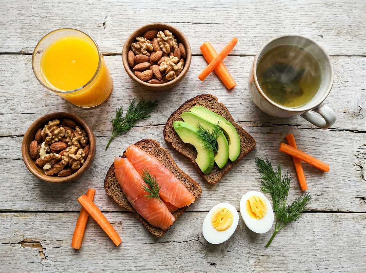 Petit-déjeuner hivernal vu de dessus avec aliments riches en oméga-3 et vitamine A pour la santé des yeux