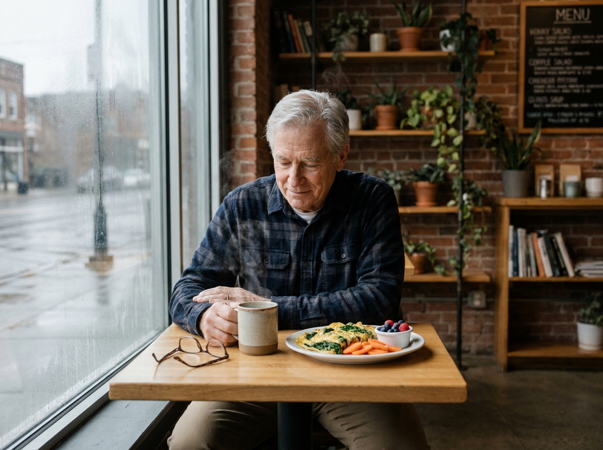 Homme âgé savourant un petit-déjeuner nutritif en café hivernal, avec œufs, épinards et baies pour les yeux