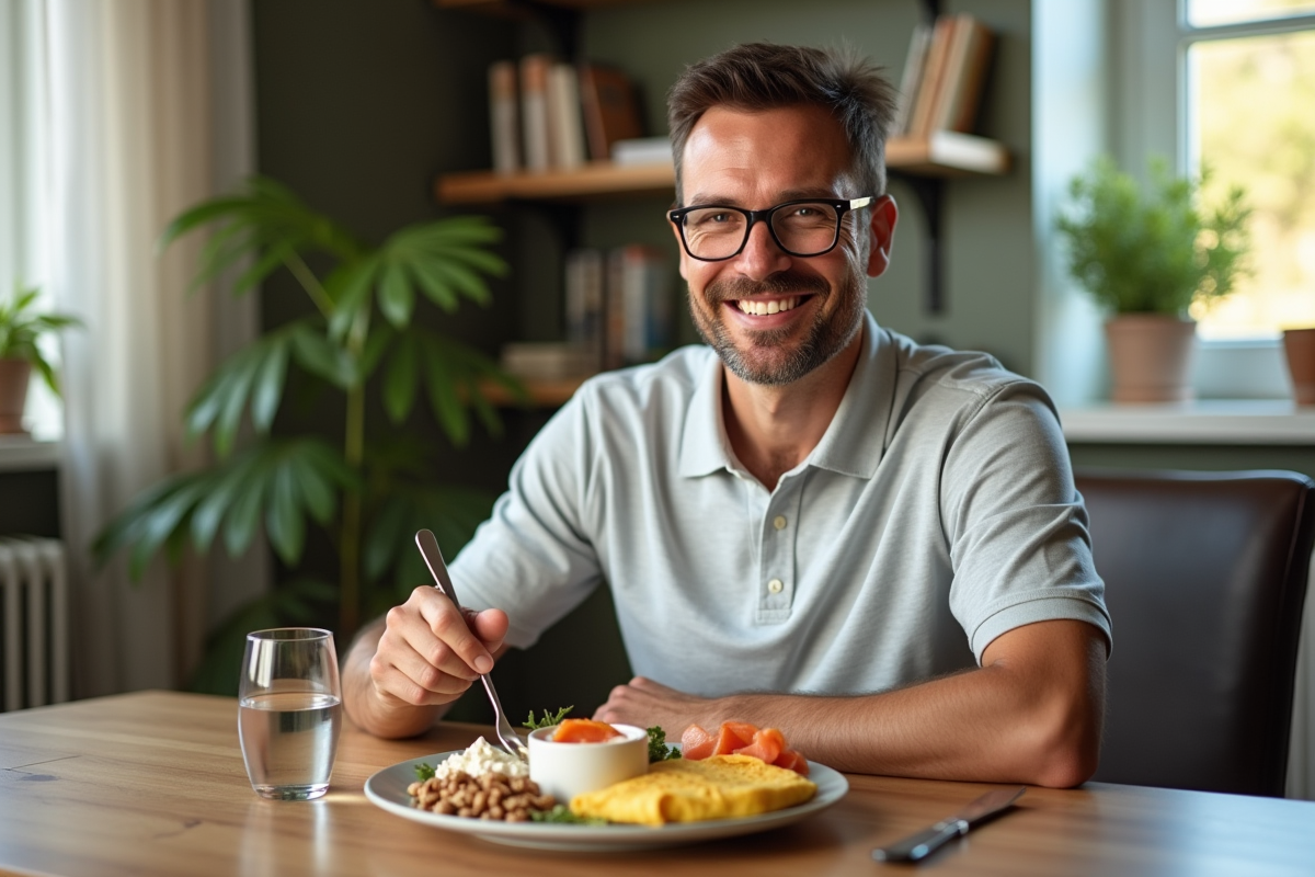 Homme dégustant un petit déjeuner riche dans un cadre cosy
