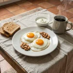 Petit déjeuner protéiné avec œufs au plat, yaourt grec et toast complet sur table en bois rustique