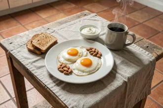 Petit déjeuner protéiné avec œufs au plat, yaourt grec et toast complet sur table en bois rustique