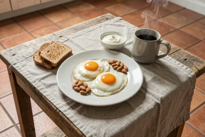 Petit déjeuner protéiné avec œufs au plat, yaourt grec et toast complet sur table en bois rustique
