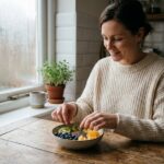 Femme préparant un petit-déjeuner riche en nutriments bons pour les yeux en hiver, avec fruits frais et graines de chia