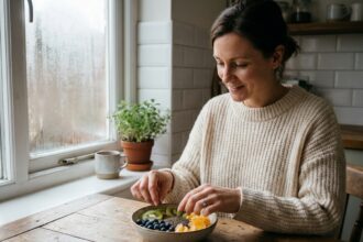Femme préparant un petit-déjeuner riche en nutriments bons pour les yeux en hiver, avec fruits frais et graines de chia