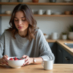 Femme mangeant un bol d'avoine aux fruits dans une cuisine moderne