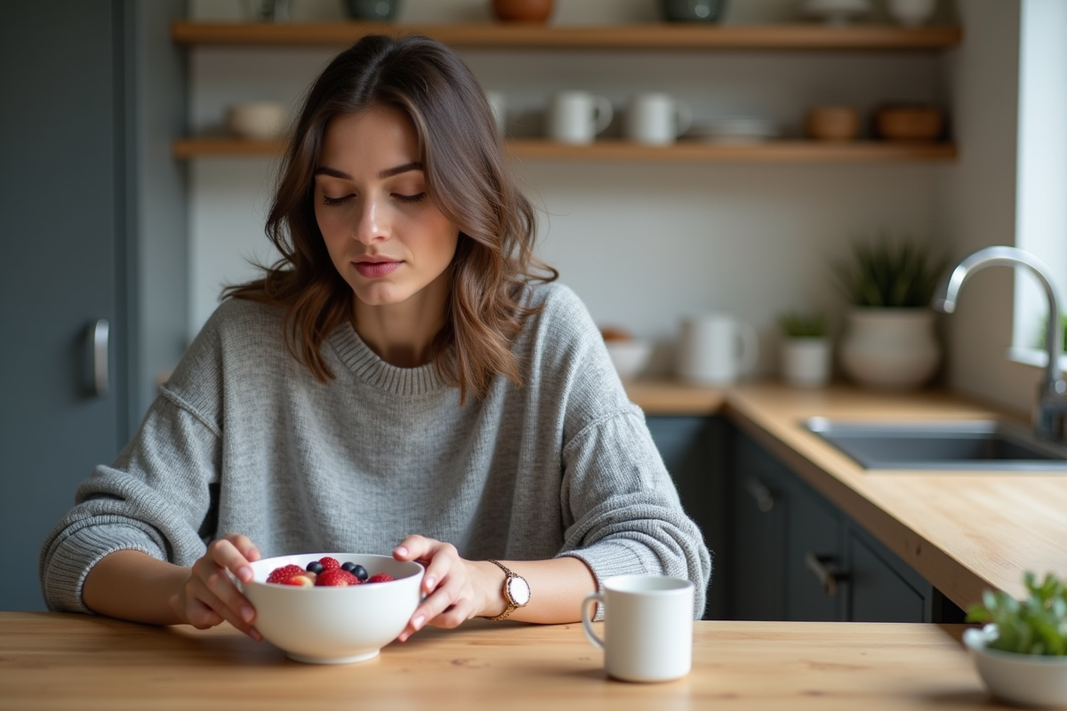 Femme mangeant un bol d'avoine aux fruits dans une cuisine moderne