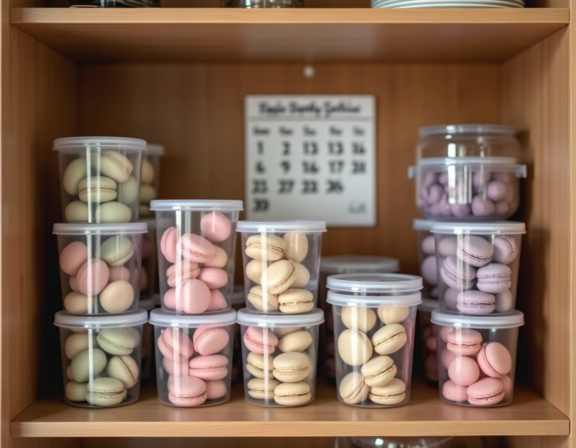 Étagères de garde-manger organisées avec des boîtes hermétiques contenant des coques de macarons vides de couleurs pastel et un planning de production hebdomadaire