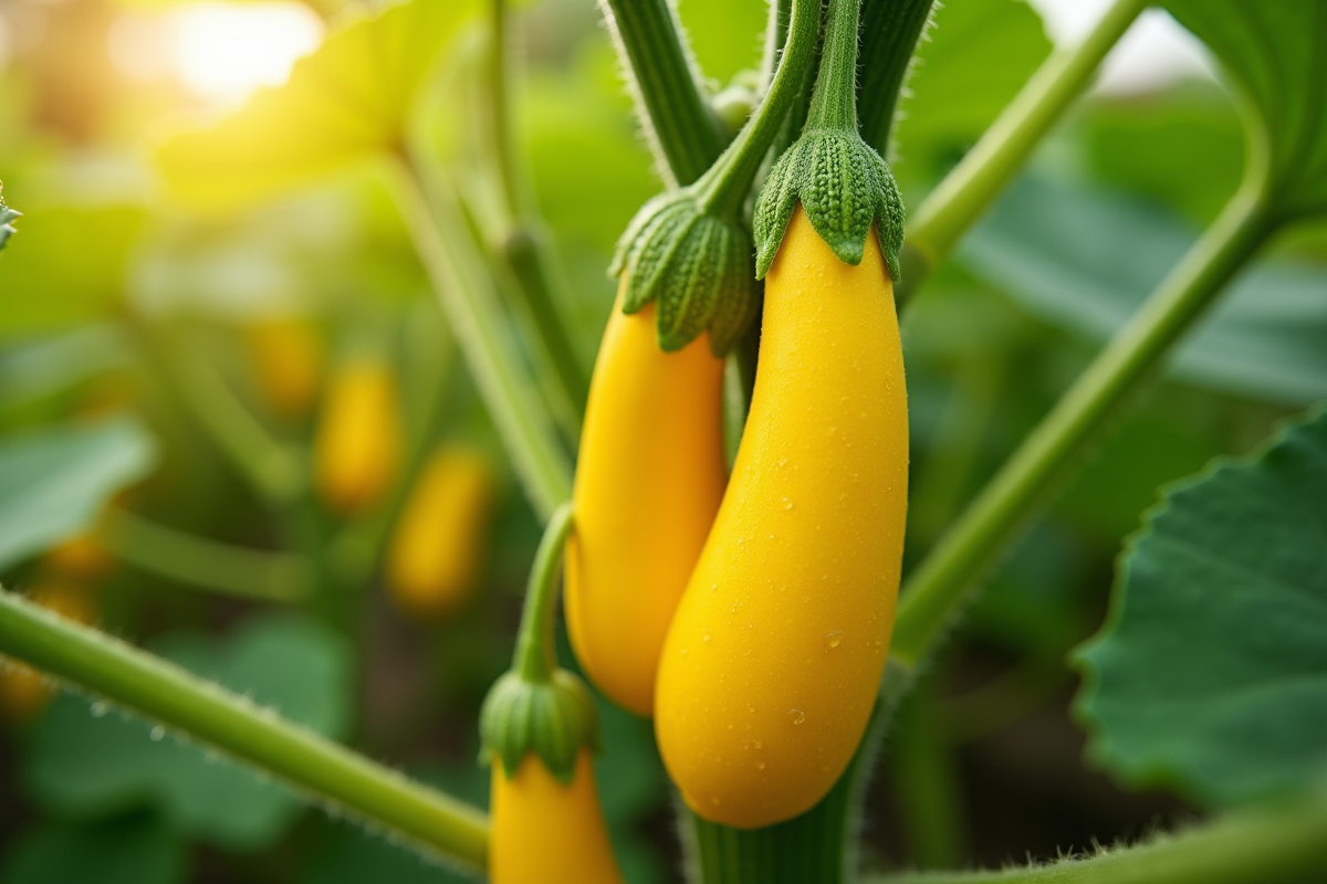 Plantation de courgettes jaunes dans un jardin ensoleille