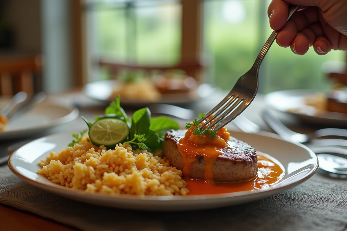Gros plan d un plat de filet mignon au curry avec riz et herbes fraîches