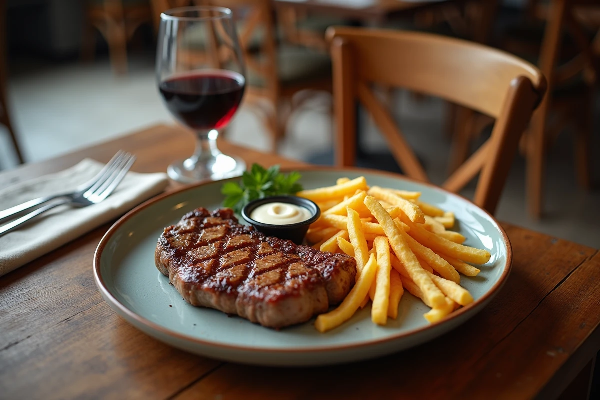 Plat de steak frites servi dans un bistrot de Lille, idéal pour dîner avant ou après un concert au Zénith