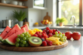 Grand plateau de fruits colorés dans une cuisine moderne