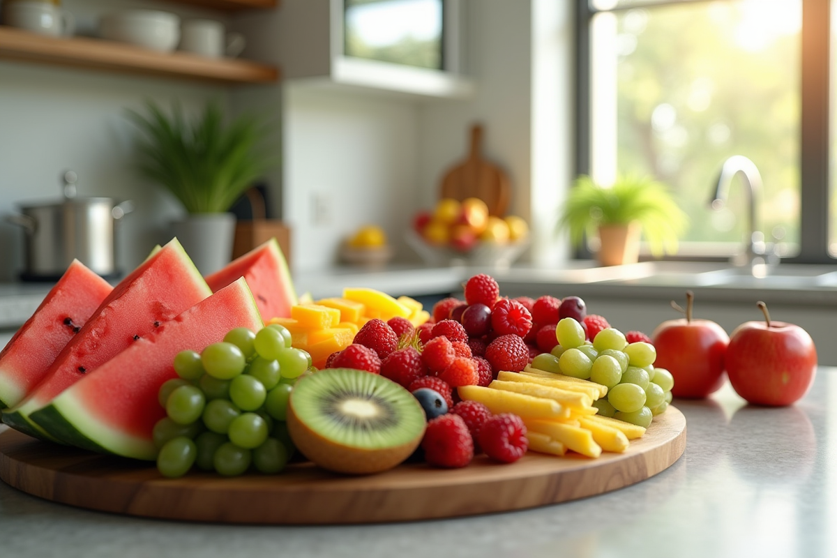 Grand plateau de fruits colorés dans une cuisine moderne