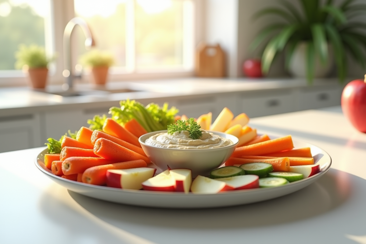 Plateau de legumes croquants avec hummus et pommes