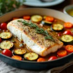 Filet de poisson blanc au four entouré de légumes rôtis colorés dans un plat en céramique sur une table en bois rustique