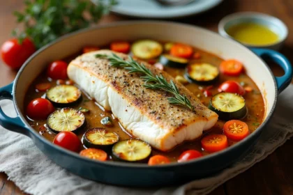 Filet de poisson blanc au four entouré de légumes rôtis colorés dans un plat en céramique sur une table en bois rustique