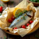 Poisson en papillote ouvert sur une table en bois avec herbes fraîches, tranches de citron et tomates cerises