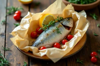Poisson en papillote ouvert sur une table en bois avec herbes fraîches, tranches de citron et tomates cerises