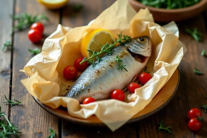 Poisson en papillote ouvert sur une table en bois avec herbes fraîches, tranches de citron et tomates cerises